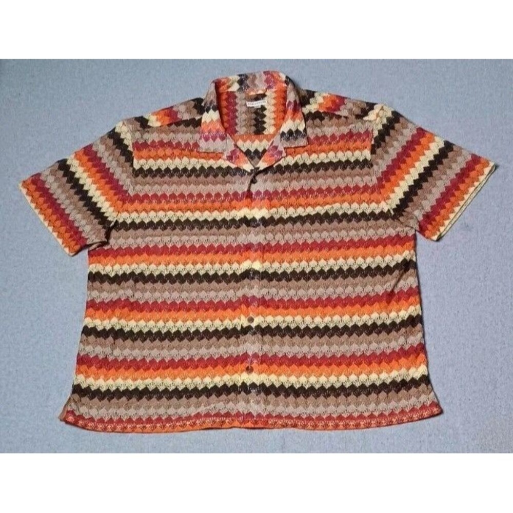 Earthbound Crochet Knit Button Up Camp Shirt Menx XXL Retro Chevron Zig Zag Boho
